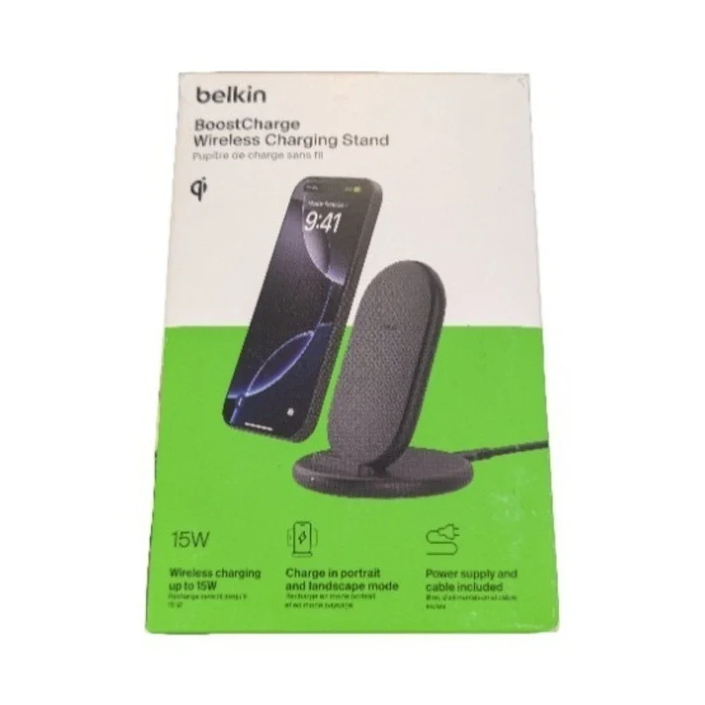 Pp3O Belkin Boostcharge 15W Qi Wireless Charge Stand, Black, W/ Cord & Block OB